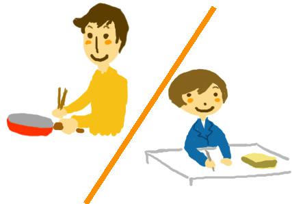 料理をする男性と働く女性
